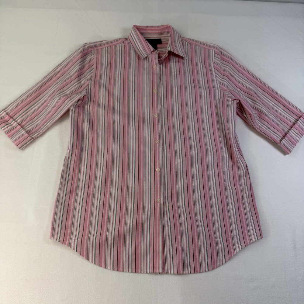 Jones New York Small Pink Stripe 3/4 Sleeve Button Up Shirt Preppy Cottage Beach
